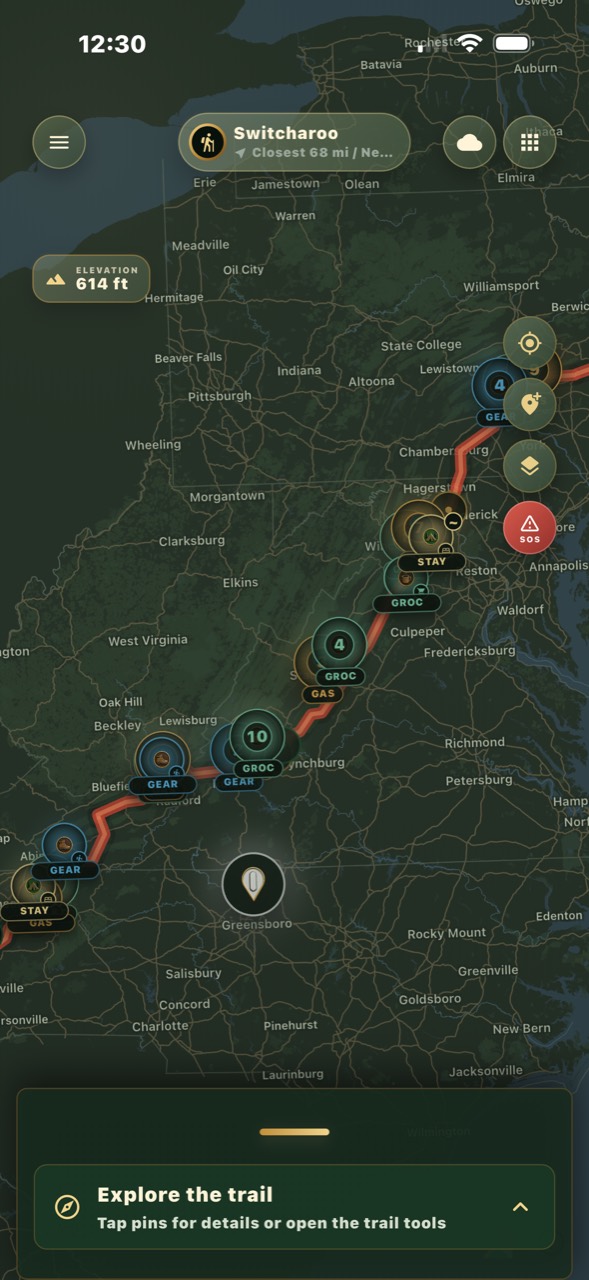 Whole-trail Appalachian Trail map with offline waypoints