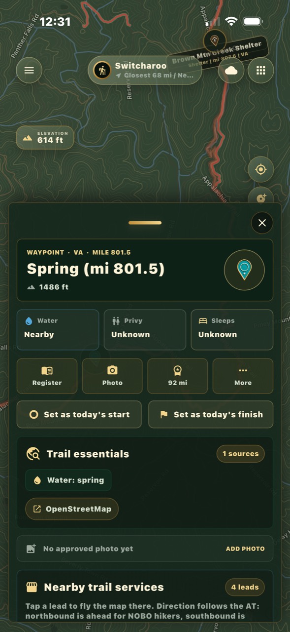 Water waypoint details with trail essentials and nearby services